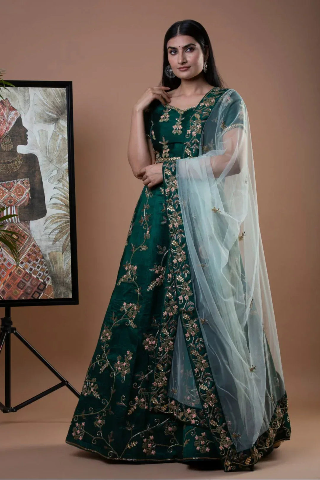 Deep Green Crepe Lehenga - MyEthnikRentals