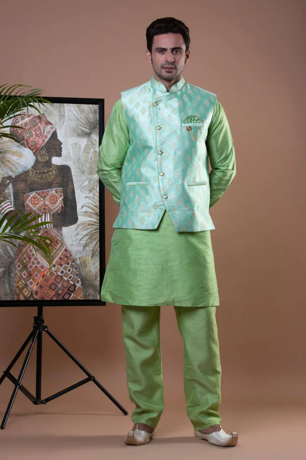 Pista Green Kurta Pajama with Nehru Jacket - MyEthnikRentals