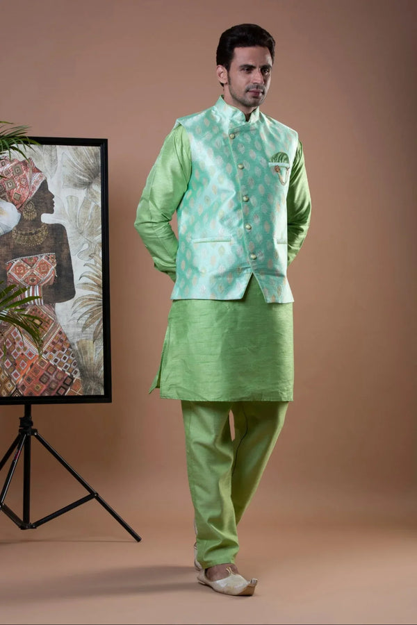 Pista Green Kurta Pajama with Nehru Jacket - MyEthnikRentals