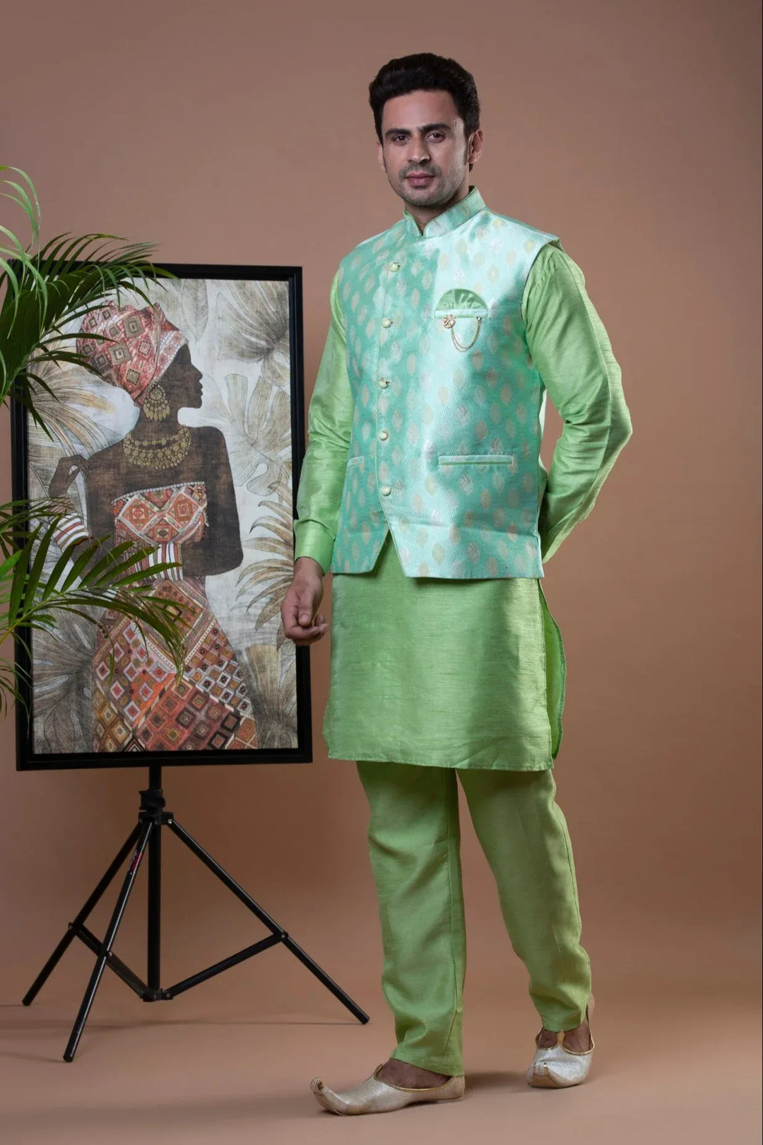 Pista Green Kurta Pajama with Nehru Jacket - MyEthnikRentals