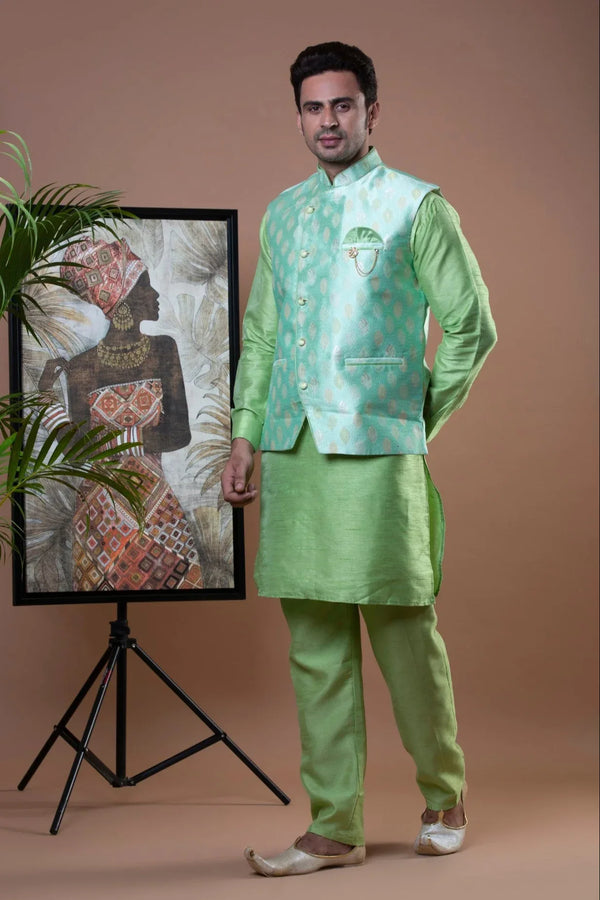 Pista Green Kurta Pajama with Nehru Jacket - MyEthnikRentals