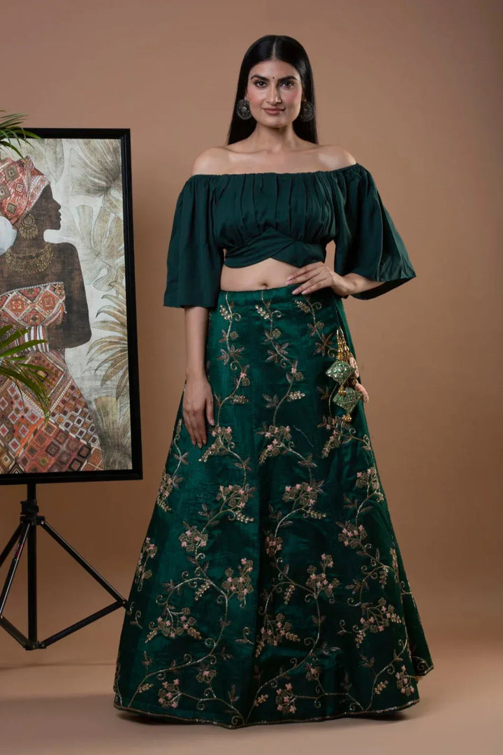 Deep Green Crepe Lehenga - MyEthnikRentals