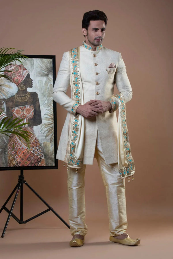 Royal Off-White Indo-Western Set with Stole - MyEthnikRentals