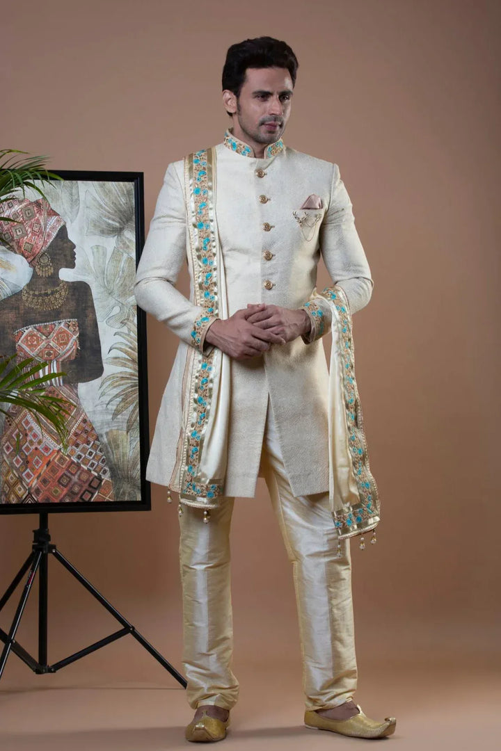 Royal Off-White Indo-Western Set with Stole (Outside Ontario) - MyEthnikRentals