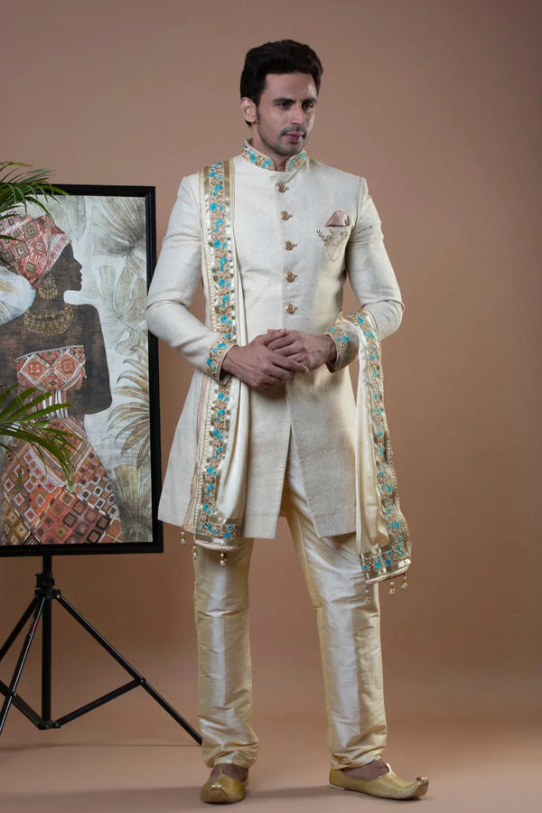 Royal Off-White Indo-Western Set with Stole - MyEthnikRentals