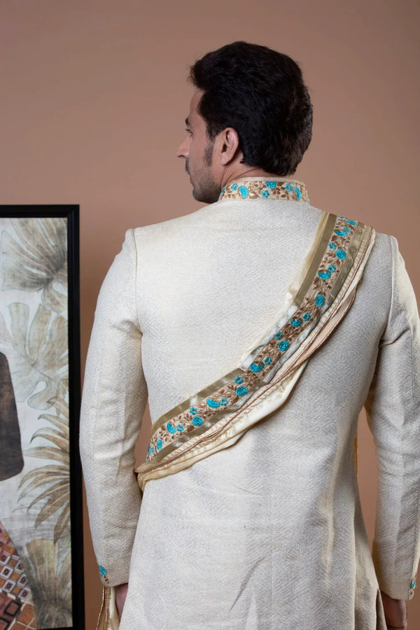 Royal Off-White Indo-Western Set with Stole - MyEthnikRentals