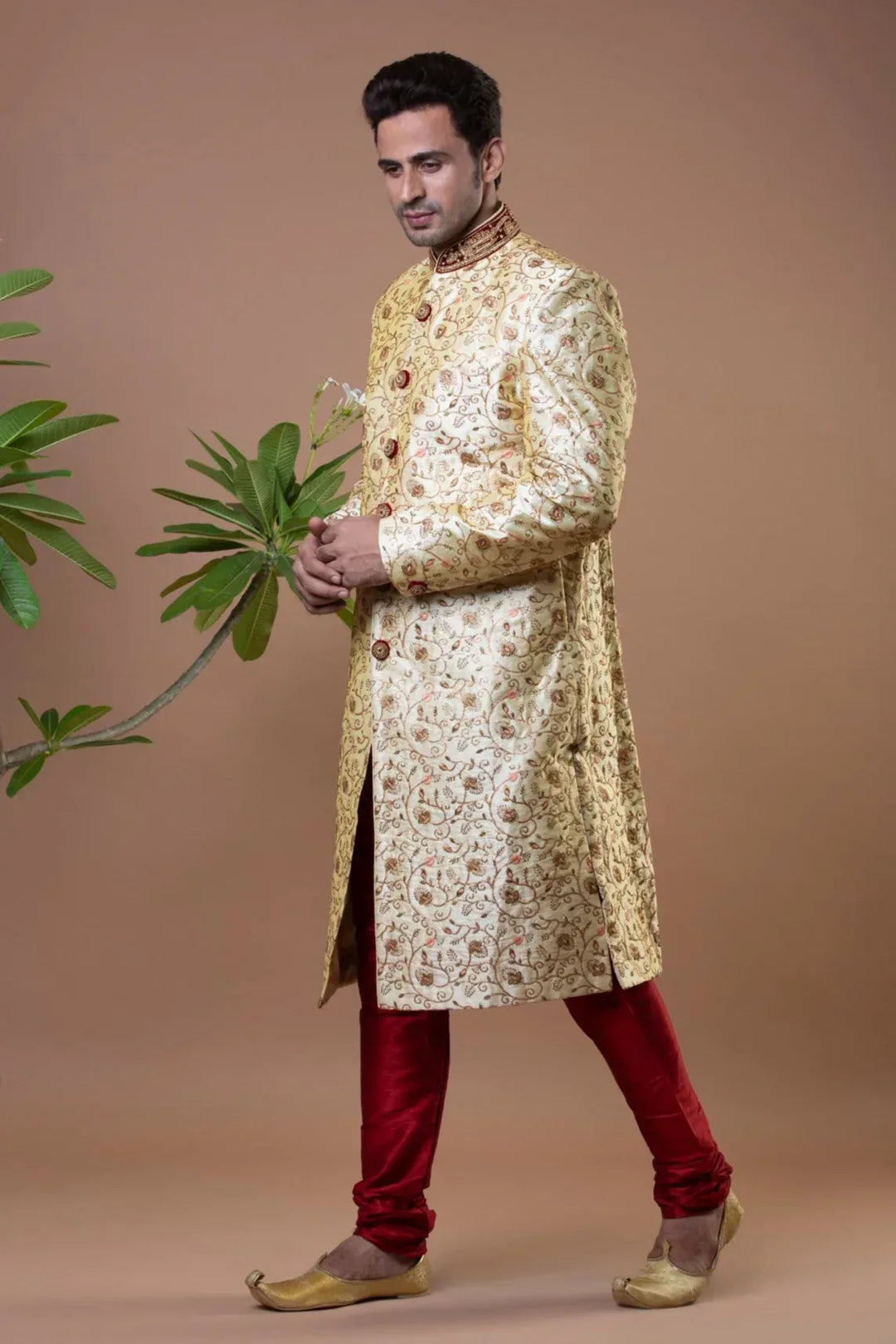 Embroidered Golden Sherwani - MyEthnikRentals