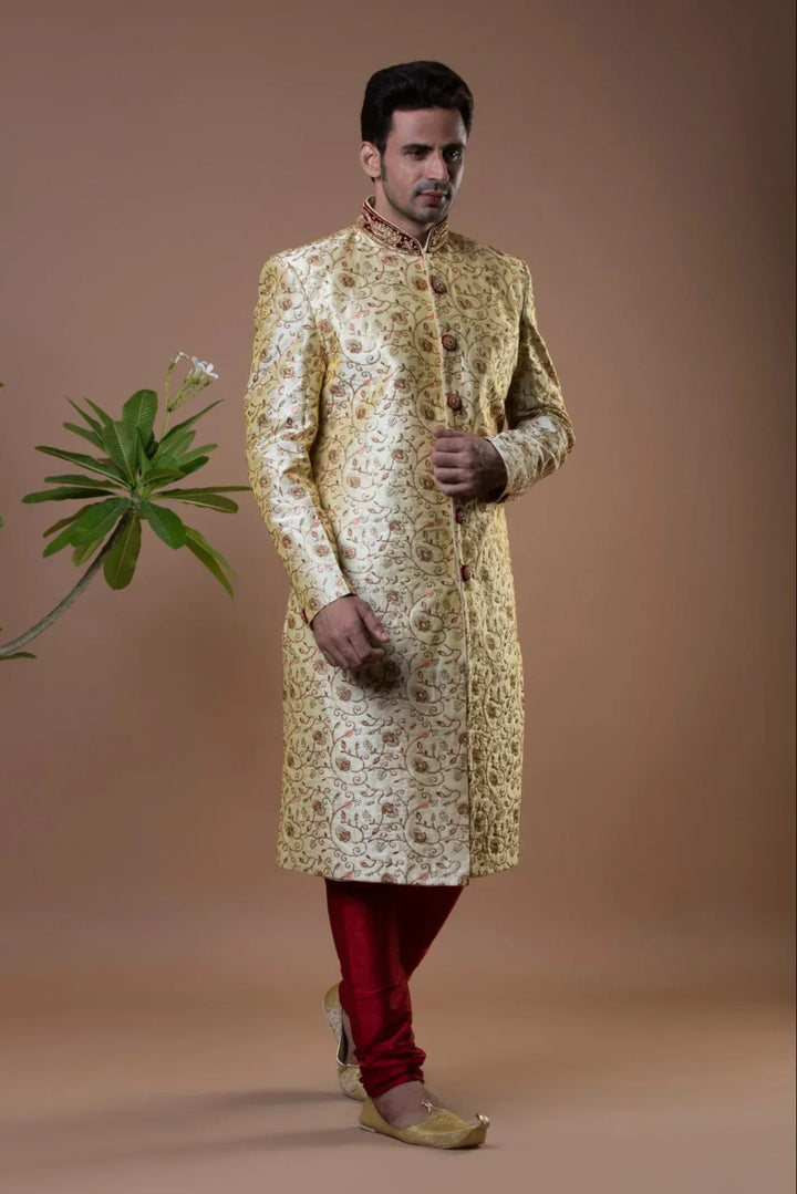 Embroidered Golden Sherwani - MyEthnikRentals