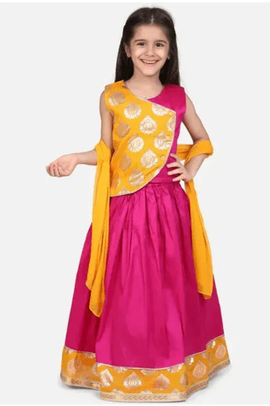 Girls Sleeveless Motif Print Choli With Lehenga & Dupatta - MyEthnikRentals
