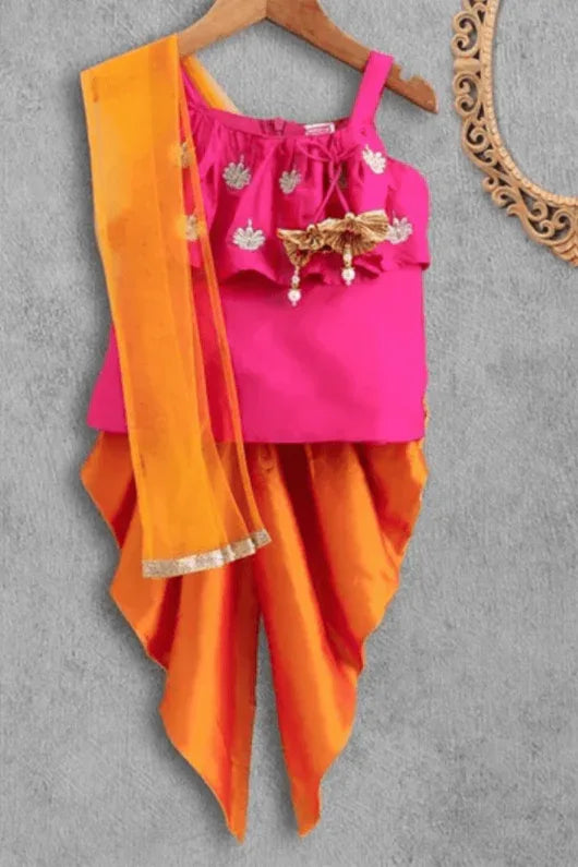 Girls Frilled Top With Dhoti & Dupatta Set - MyEthnikRentals