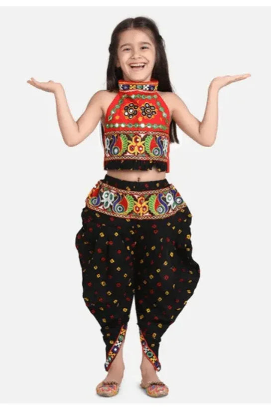 Girls Peacock Embroidered Halter Neck Sleeveless Choli With Dhoti - MyEthnikRentals