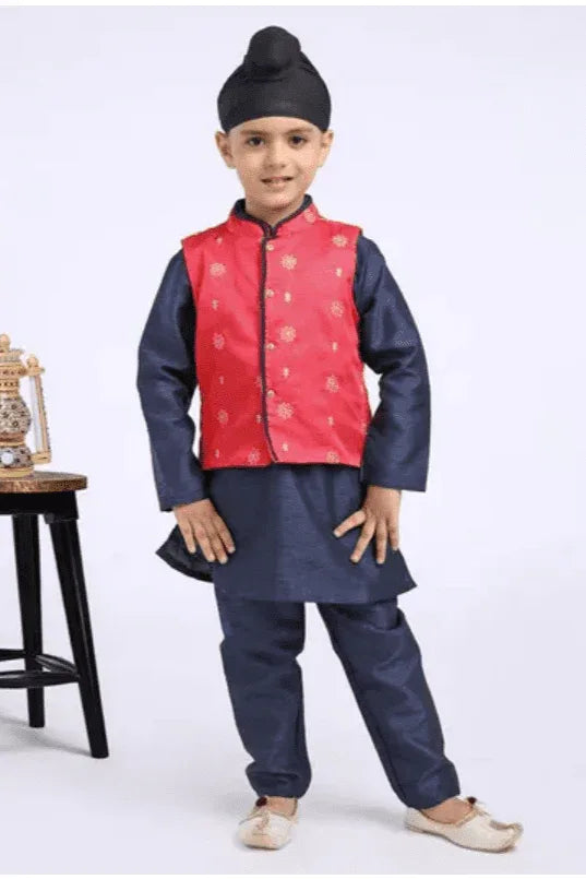 Boys Solid Kurta & Pajama With Floral Embroidered Jacket - MyEthnikRentals