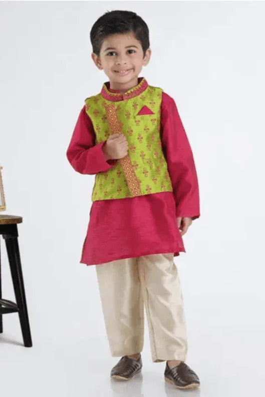 Boys Full Sleeves Kurta Pajama Set With Printed Jacket - MyEthnikRentals
