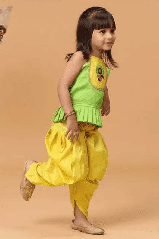 Girls Flower Embroidered Sleeveless Peplum Top & Dhoti Set - MyEthnikRentals