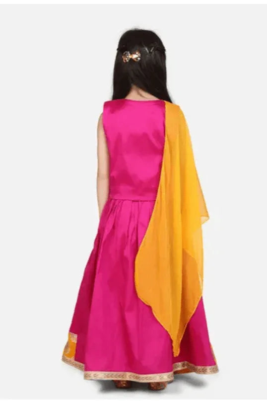 Girls Sleeveless Motif Print Choli With Lehenga & Dupatta - MyEthnikRentals