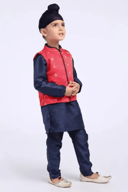 Boys Solid Kurta & Pajama With Floral Embroidered Jacket - MyEthnikRentals