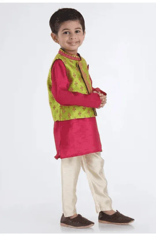 Boys Full Sleeves Kurta Pajama Set With Printed Jacket - MyEthnikRentals