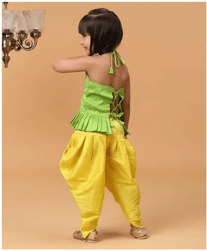 Girls Flower Embroidered Sleeveless Peplum Top & Dhoti Set - MyEthnikRentals
