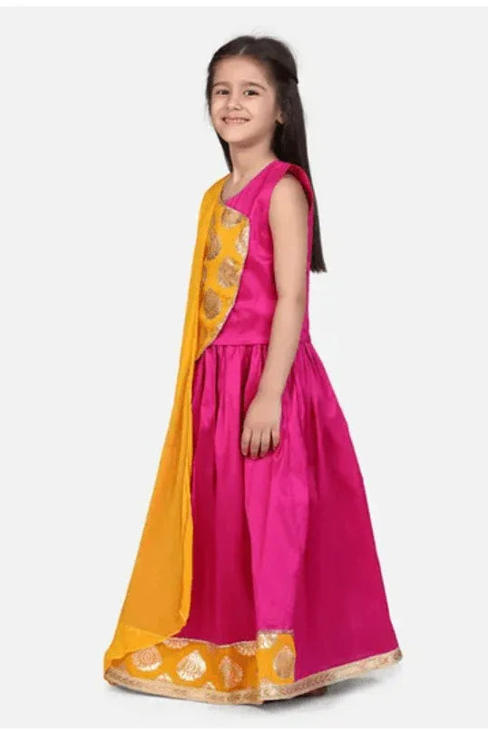 Girls Sleeveless Motif Print Choli With Lehenga & Dupatta - MyEthnikRentals