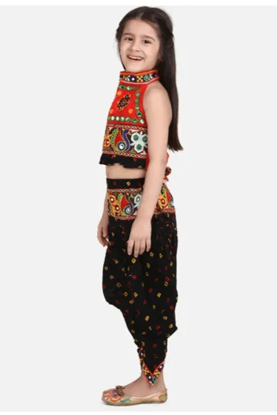Girls Peacock Embroidered Halter Neck Sleeveless Choli With Dhoti - MyEthnikRentals