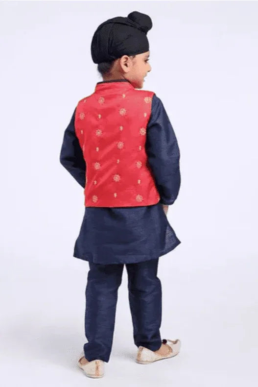 Boys Solid Kurta & Pajama With Floral Embroidered Jacket - MyEthnikRentals