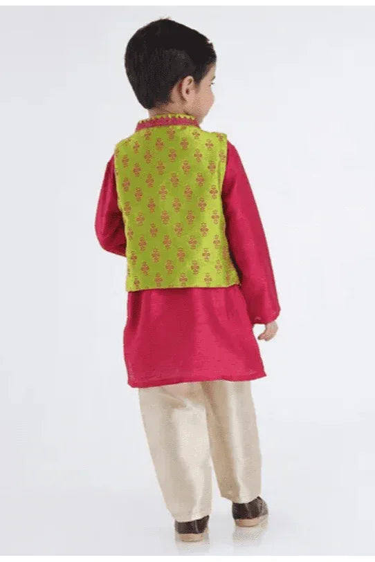 Boys Full Sleeves Kurta Pajama Set With Printed Jacket - MyEthnikRentals