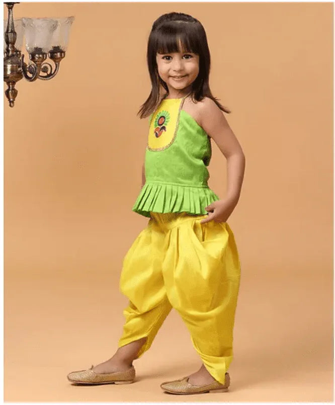 Girls Flower Embroidered Sleeveless Peplum Top & Dhoti Set - MyEthnikRentals