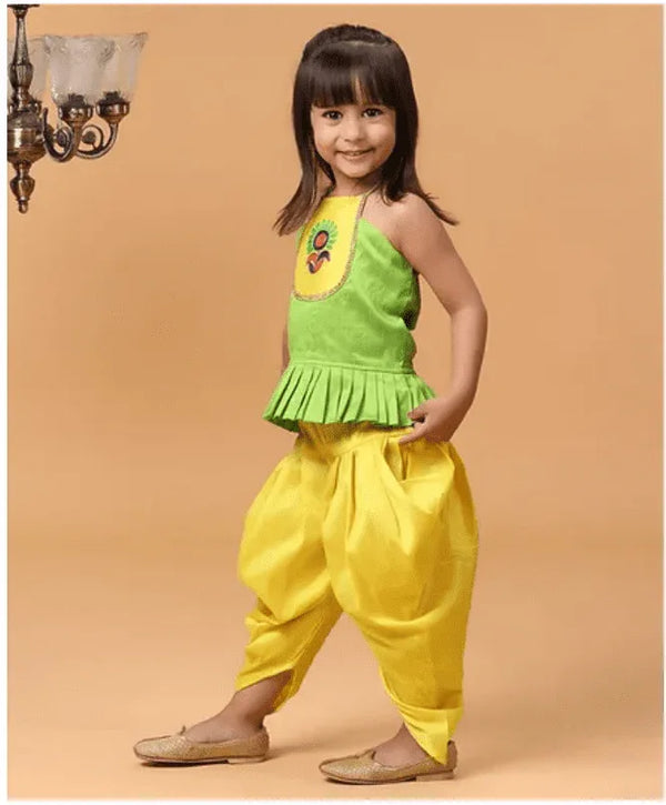 Girls Flower Embroidered Sleeveless Peplum Top & Dhoti Set - MyEthnikRentals