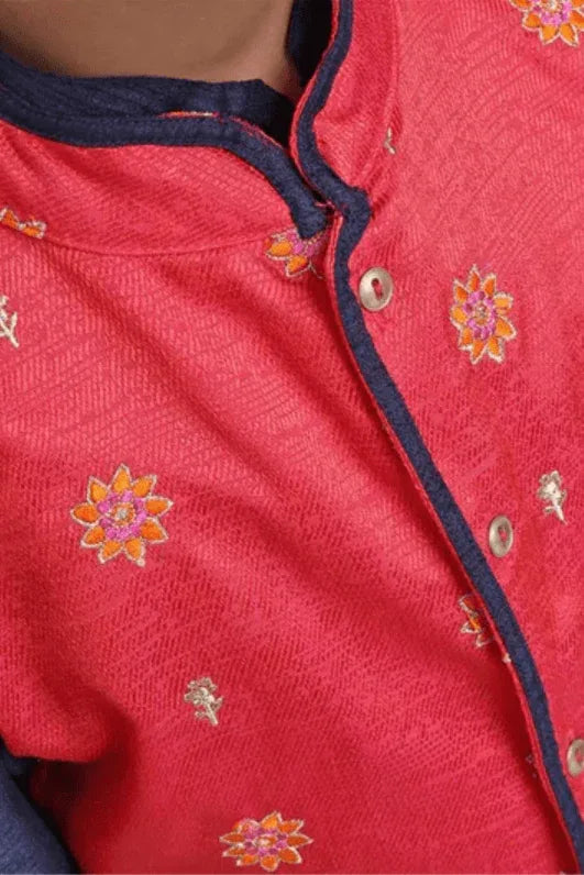 Boys Solid Kurta & Pajama With Floral Embroidered Jacket - MyEthnikRentals