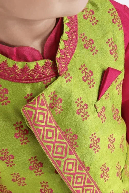 Boys Full Sleeves Kurta Pajama Set With Printed Jacket - MyEthnikRentals