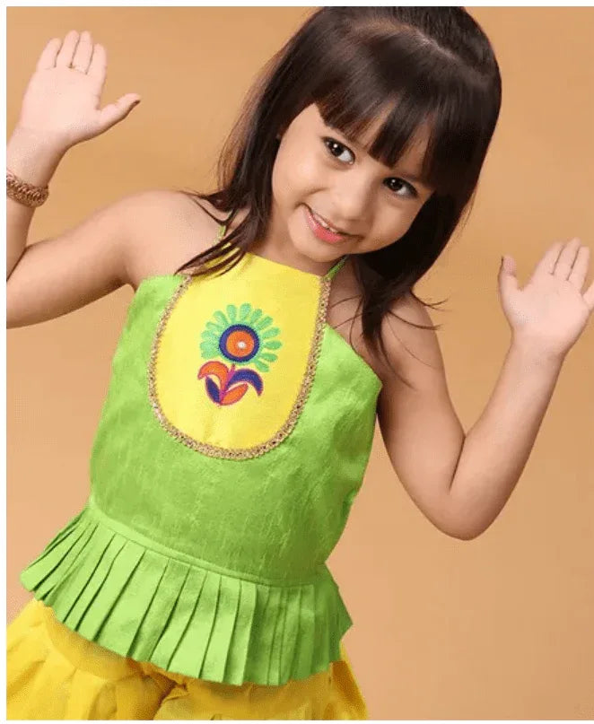 Girls Flower Embroidered Sleeveless Peplum Top & Dhoti Set - MyEthnikRentals