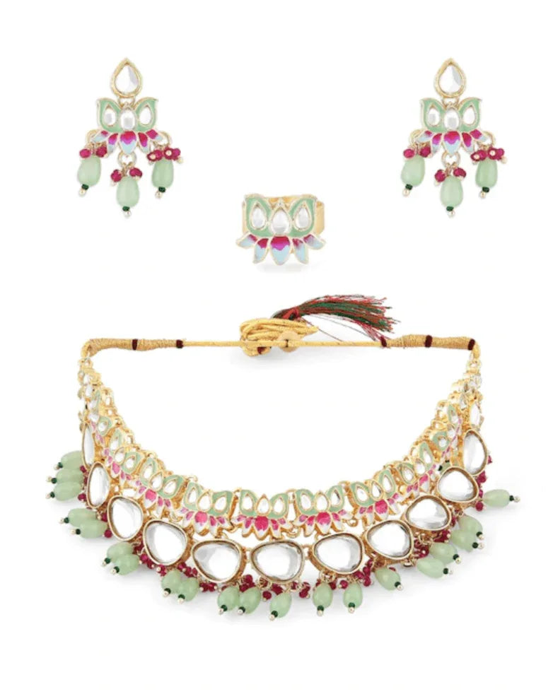 Light Green Kundan-Studded & Pearl Beaded Jewellery Set - MyEthnikRentals